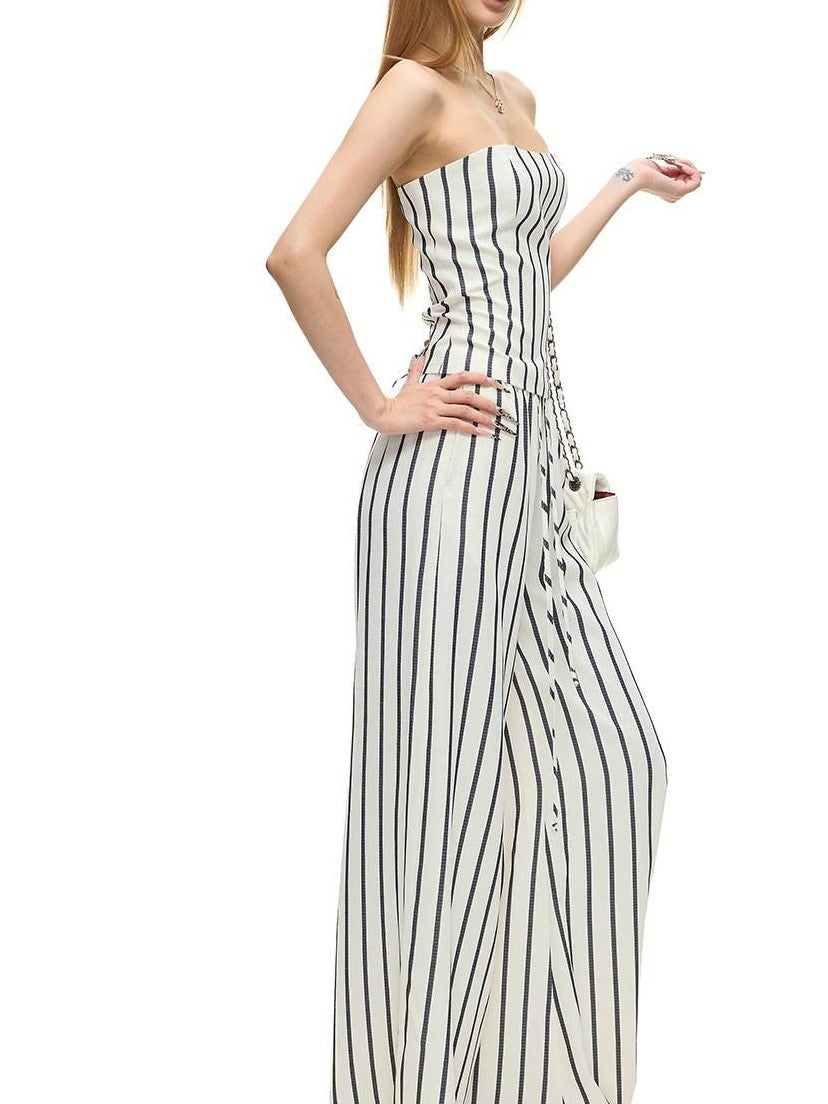 Fanptntox White Striped Bandeau High Waist Straight Wide Women's Casual Top & Pants Sets