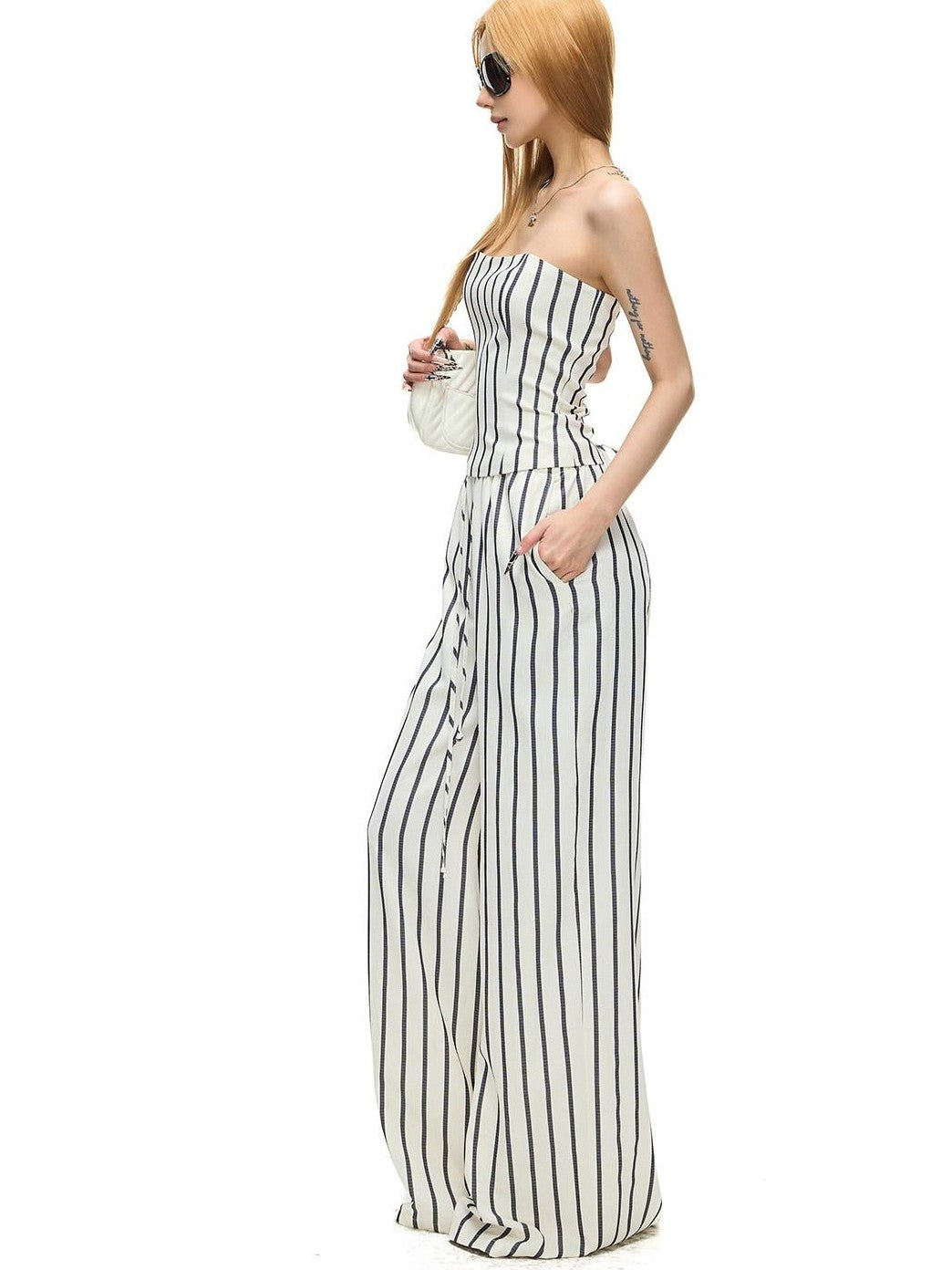 Fanptntox White Striped Bandeau High Waist Straight Wide Women's Casual Top & Pants Sets