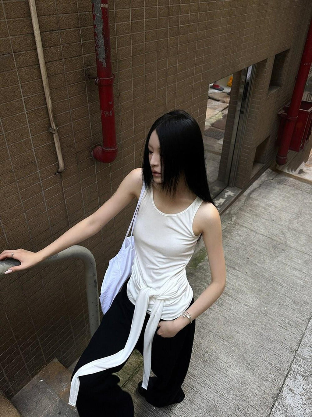 Fanptntox White Tie Waist Sheer Racerback Slim Fitted Women's Tank Tops