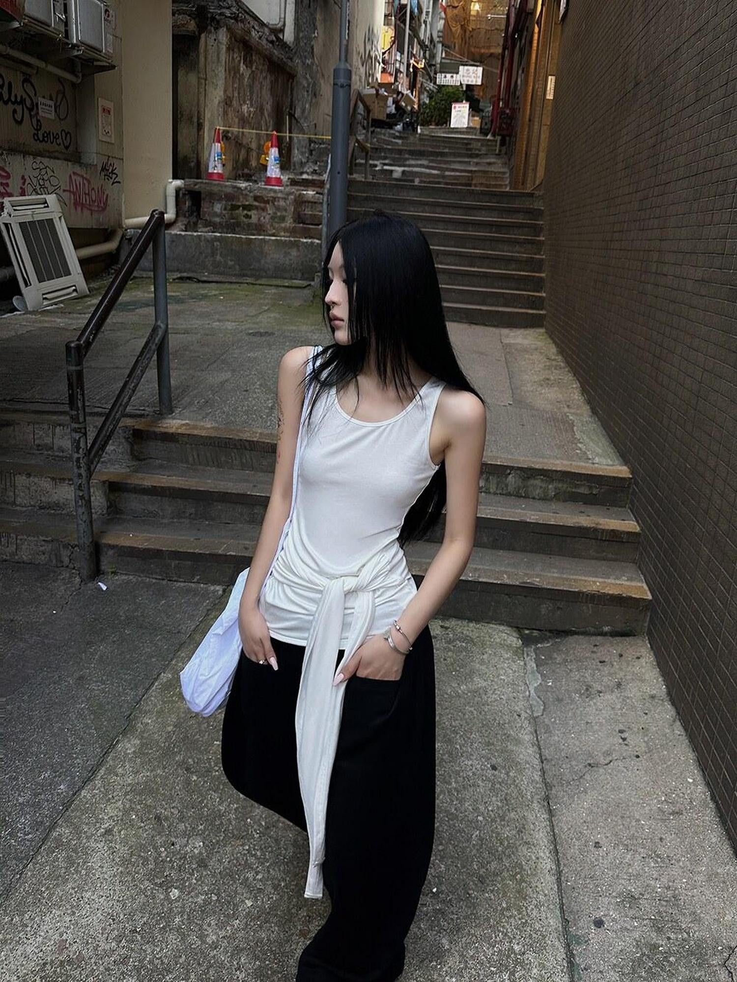 Fanptntox White Tie Waist Sheer Racerback Slim Fitted Women's Tank Tops