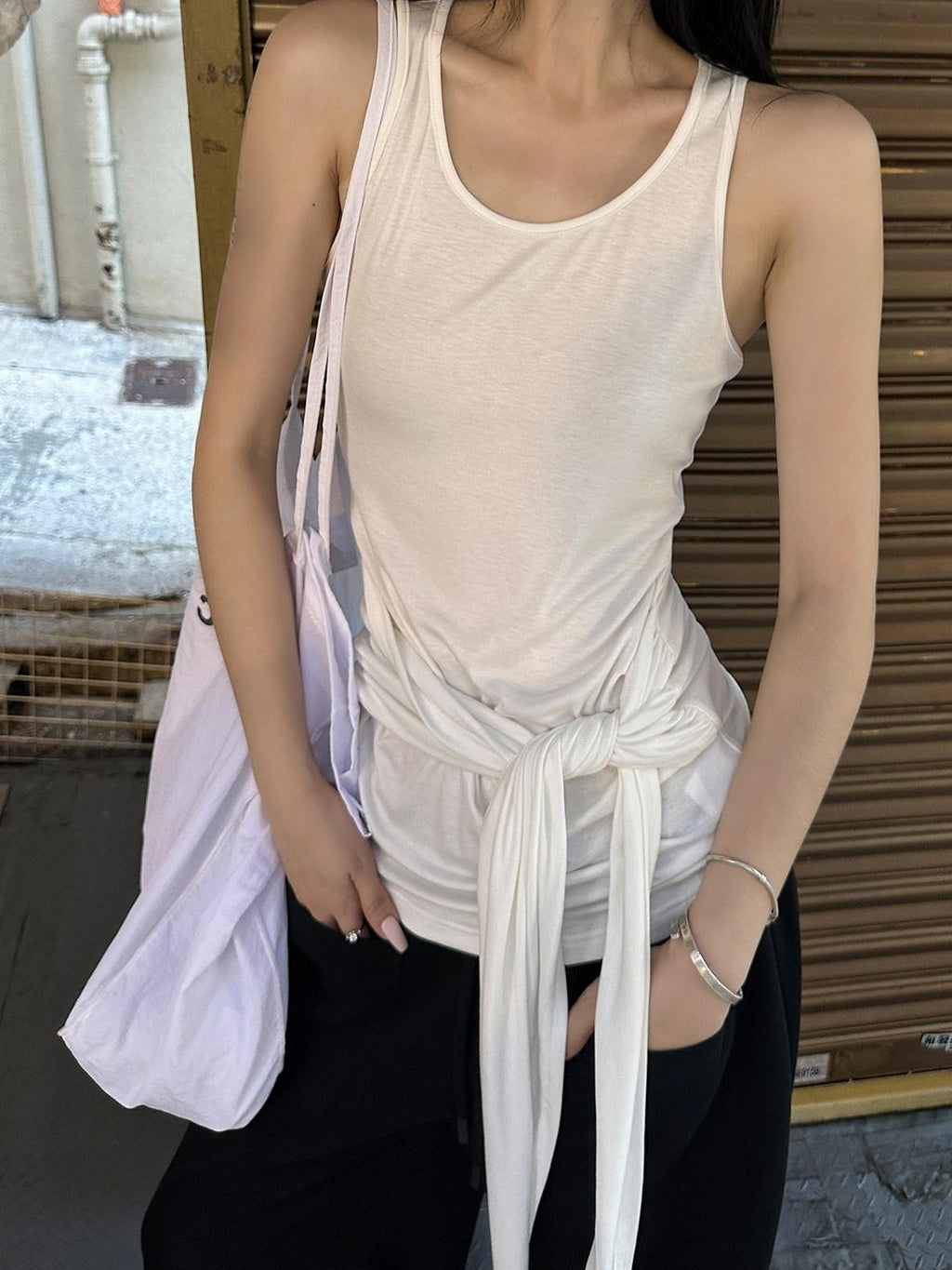 Fanptntox White Tie Waist Sheer Racerback Slim Fitted Women's Tank Tops