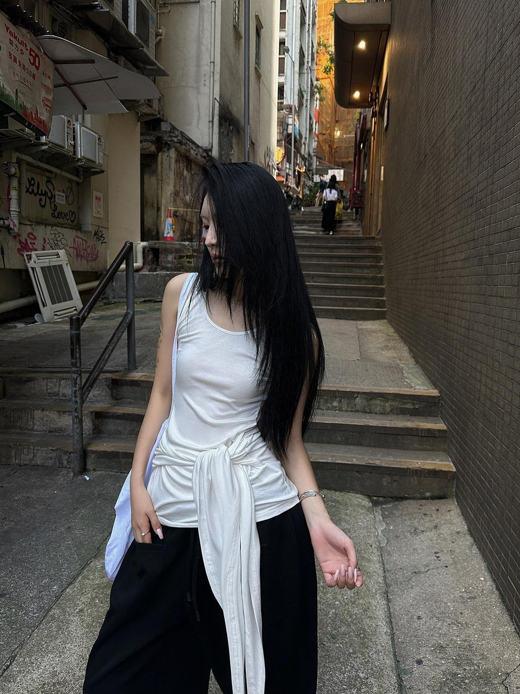 Fanptntox White Tie Waist Sheer Racerback Slim Fitted Women's Tank Tops