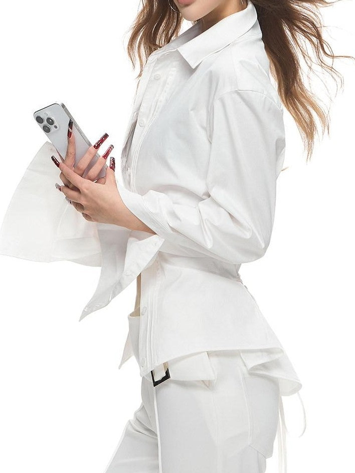 Fanptntox White Tie Waist Slim Collared Button Long Sleeve Women's Cotton Blouses