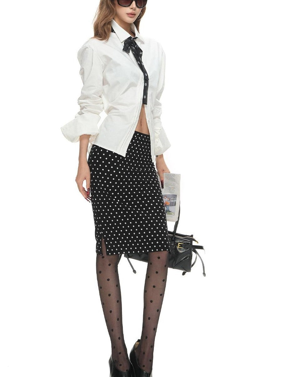 Fanptntox White Tie Waist Slim Collared Button Long Sleeve Women's Cotton Blouses