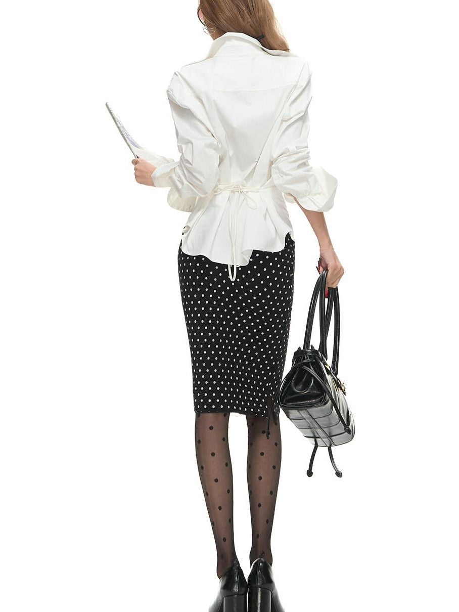 Fanptntox White Tie Waist Slim Collared Button Long Sleeve Women's Cotton Blouses