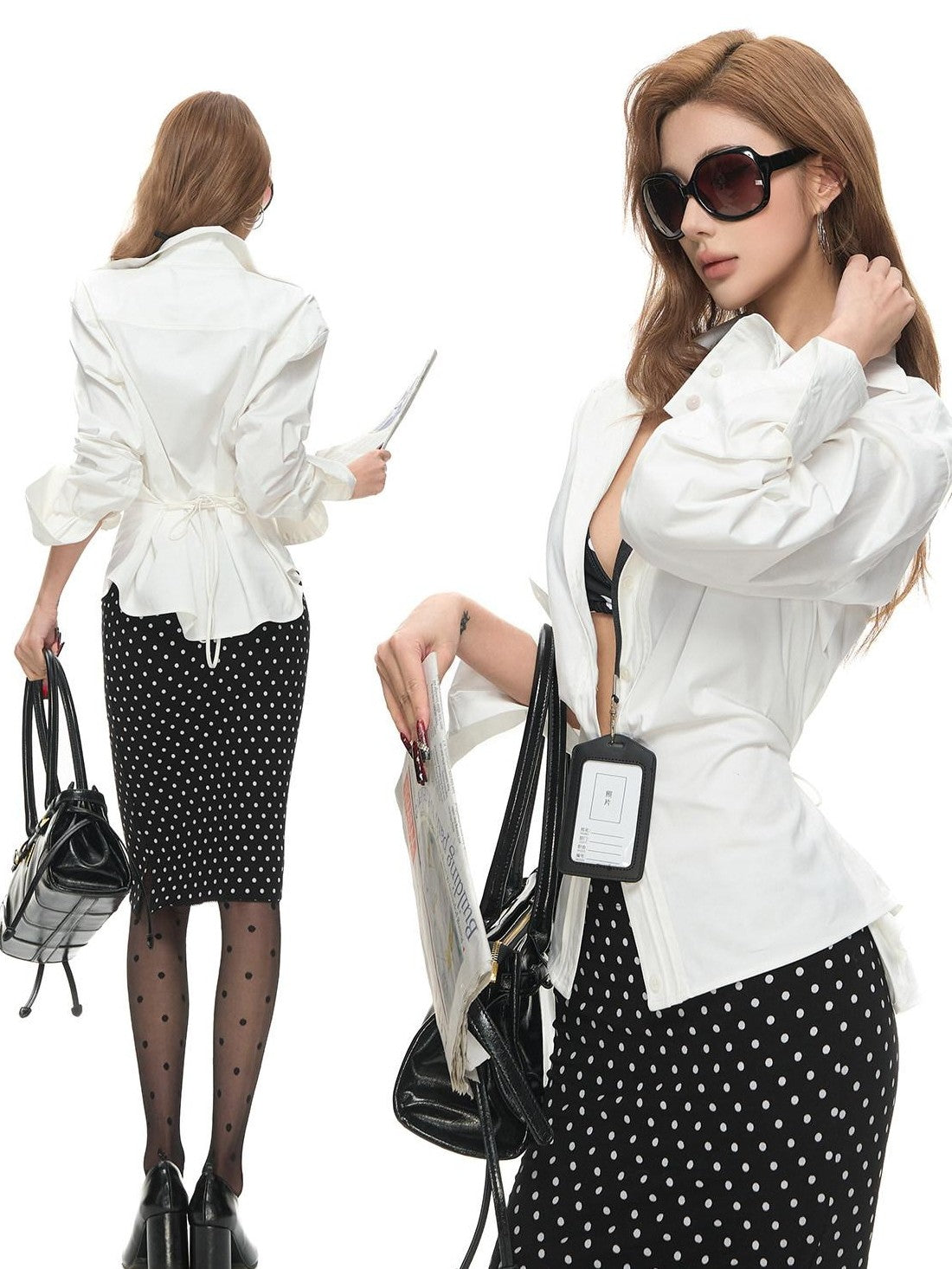 Fanptntox White Tie Waist Slim Collared Button Long Sleeve Women's Cotton Blouses
