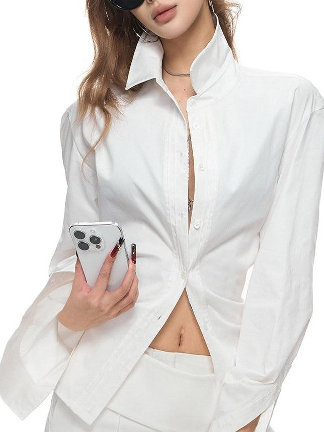 Fanptntox White Tie Waist Slim Collared Button Long Sleeve Women's Cotton Blouses