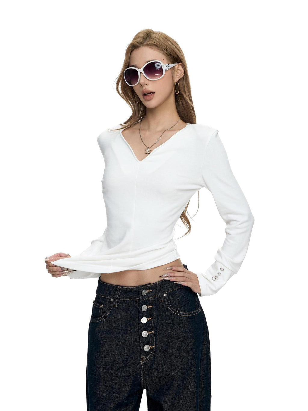 Fanptntox White V-neck Button Cuff Knit Slim Women's Cotton Blend Long Sleeve T-shirts