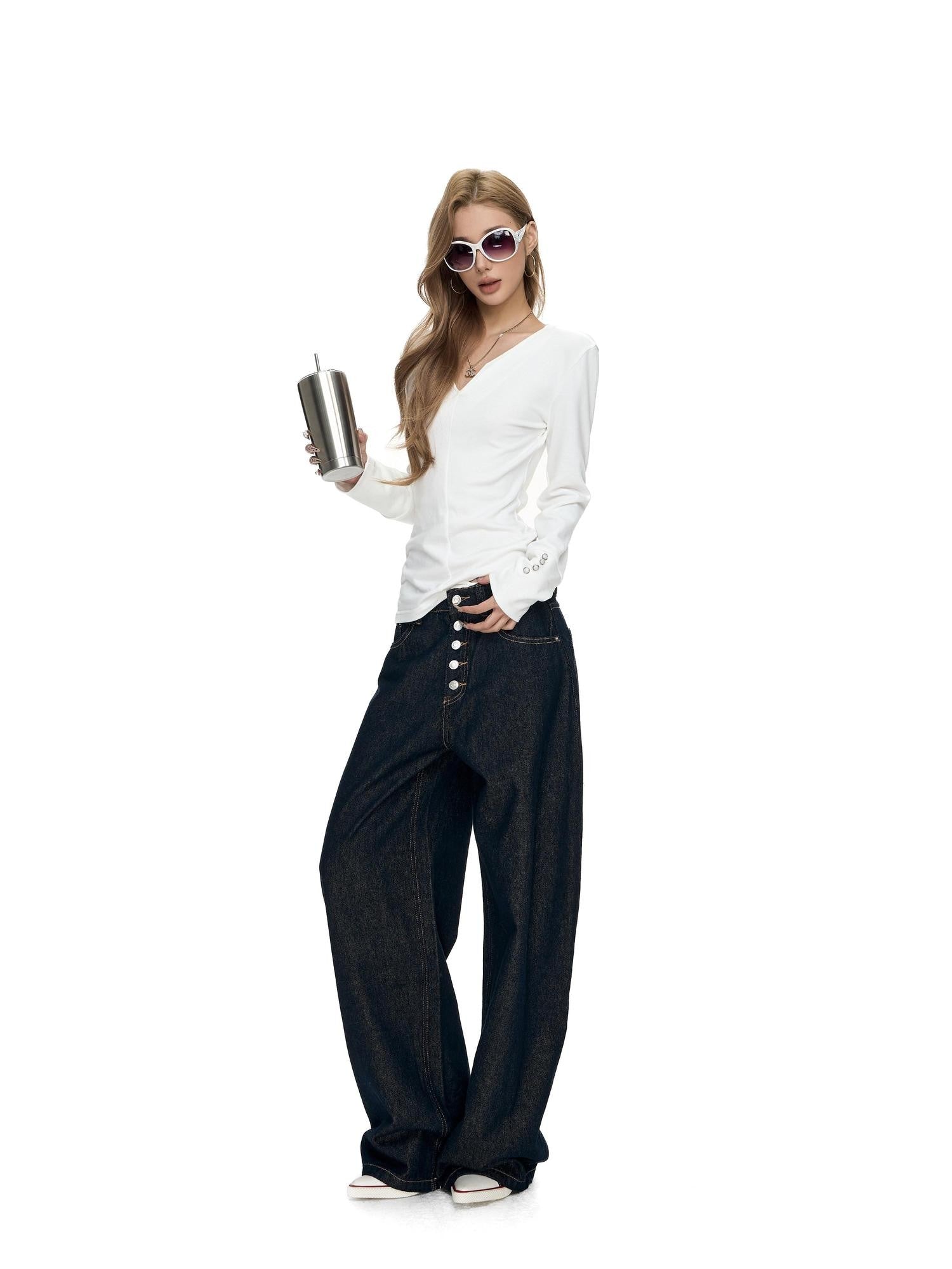 Fanptntox White V-neck Button Cuff Knit Slim Women's Cotton Blend Long Sleeve T-shirts