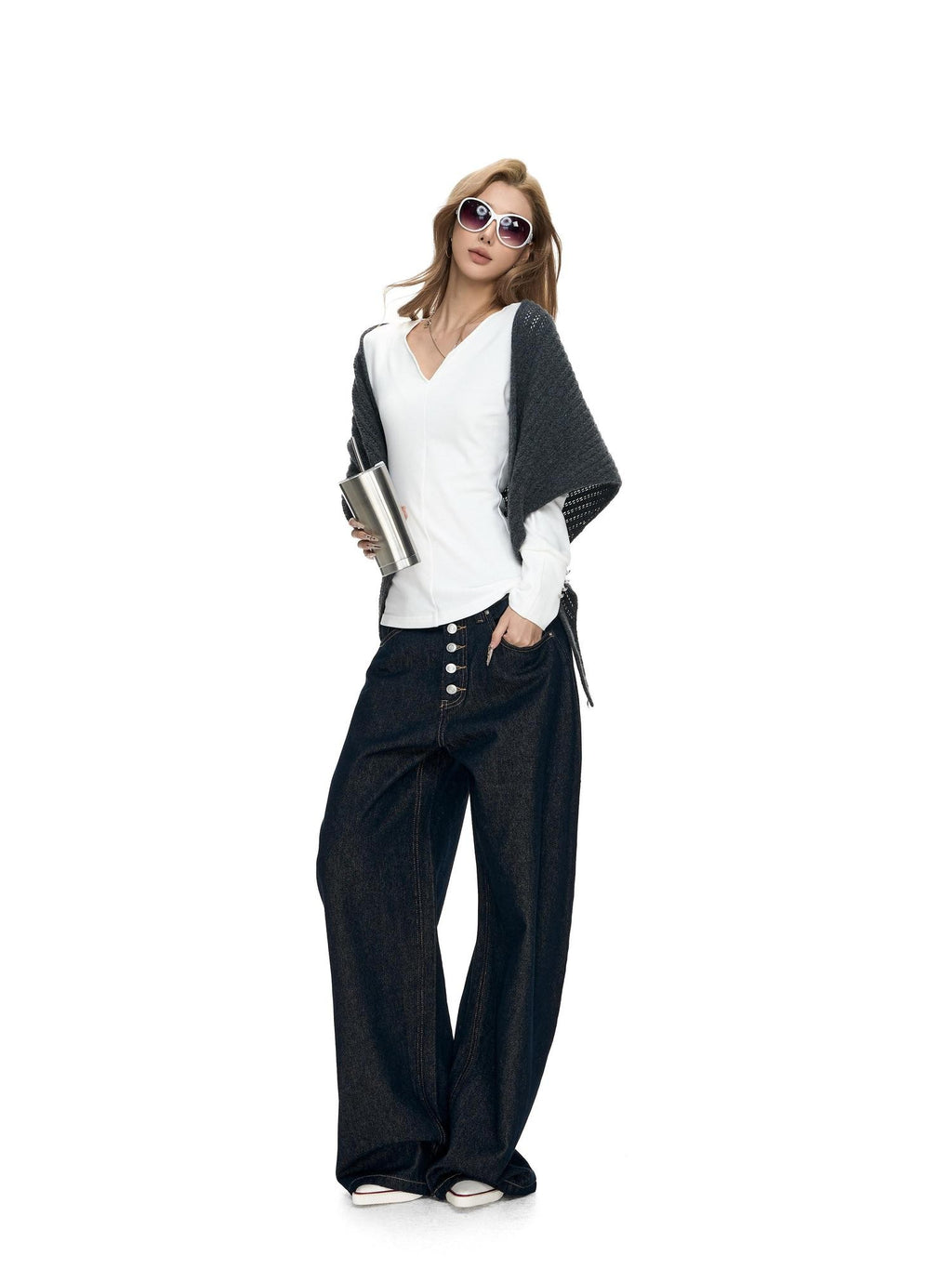 Fanptntox White V-neck Button Cuff Knit Slim Women's Cotton Blend Long Sleeve T-shirts