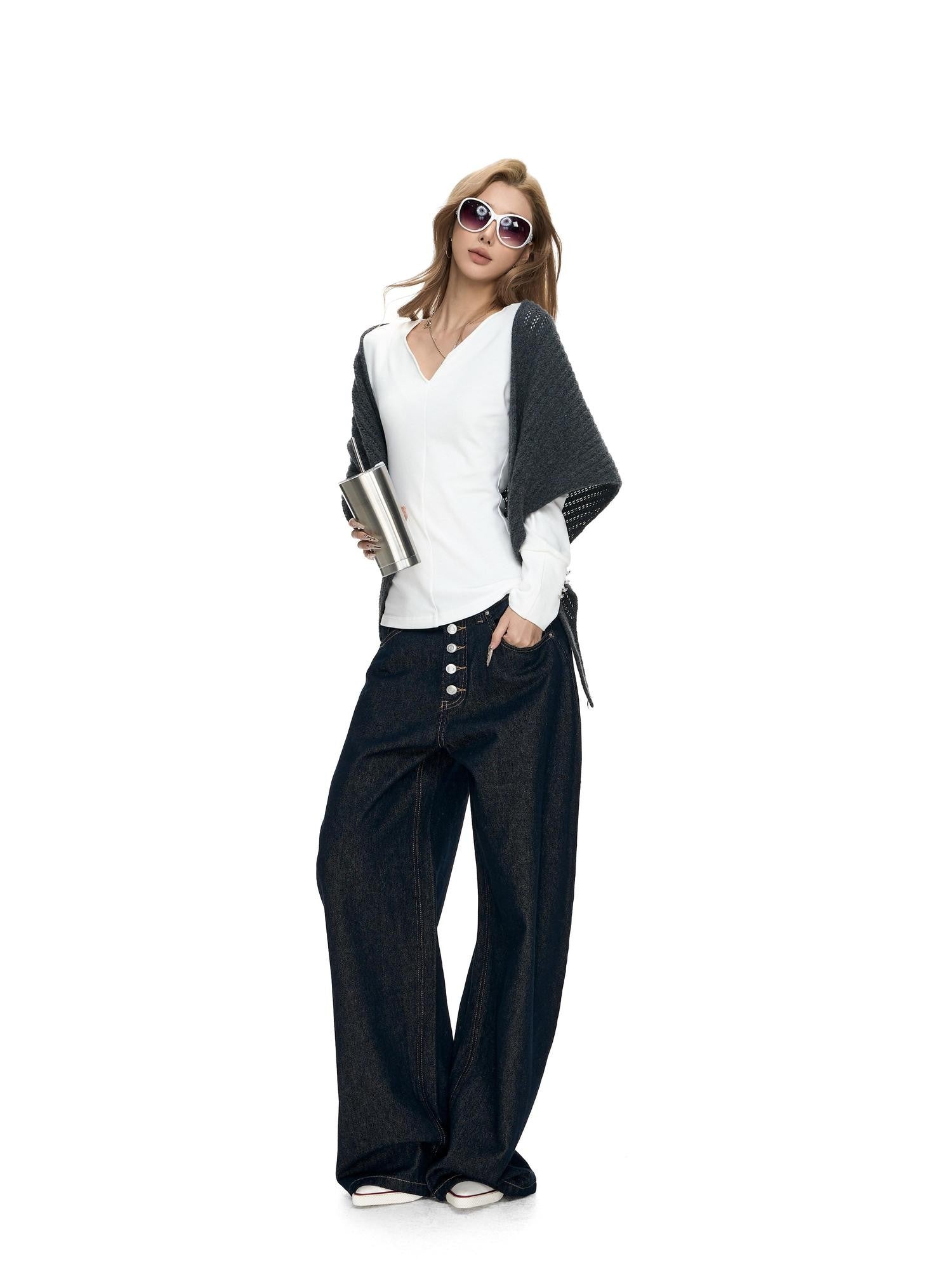 Fanptntox White V-neck Button Cuff Knit Slim Women's Cotton Blend Long Sleeve T-shirts