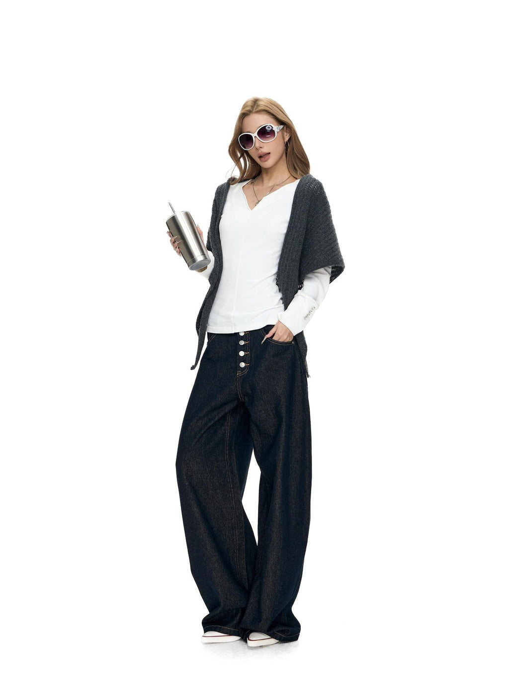 Fanptntox White V-neck Button Cuff Knit Slim Women's Cotton Blend Long Sleeve T-shirts
