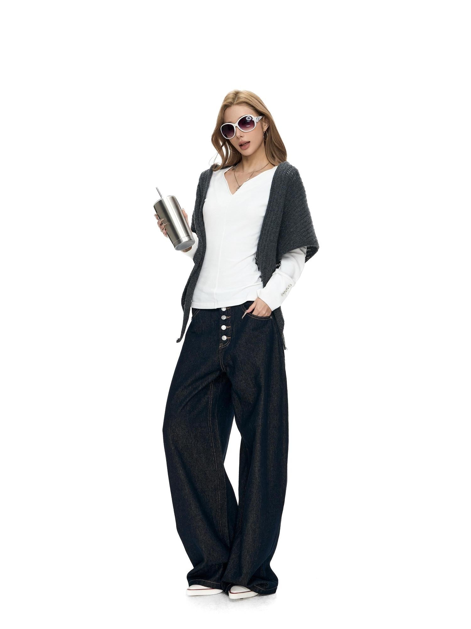 Fanptntox White V-neck Button Cuff Knit Slim Women's Cotton Blend Long Sleeve T-shirts