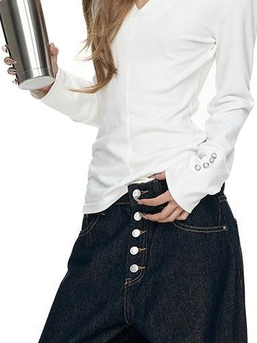 Fanptntox White V-neck Button Cuff Knit Slim Women's Cotton Blend Long Sleeve T-shirts