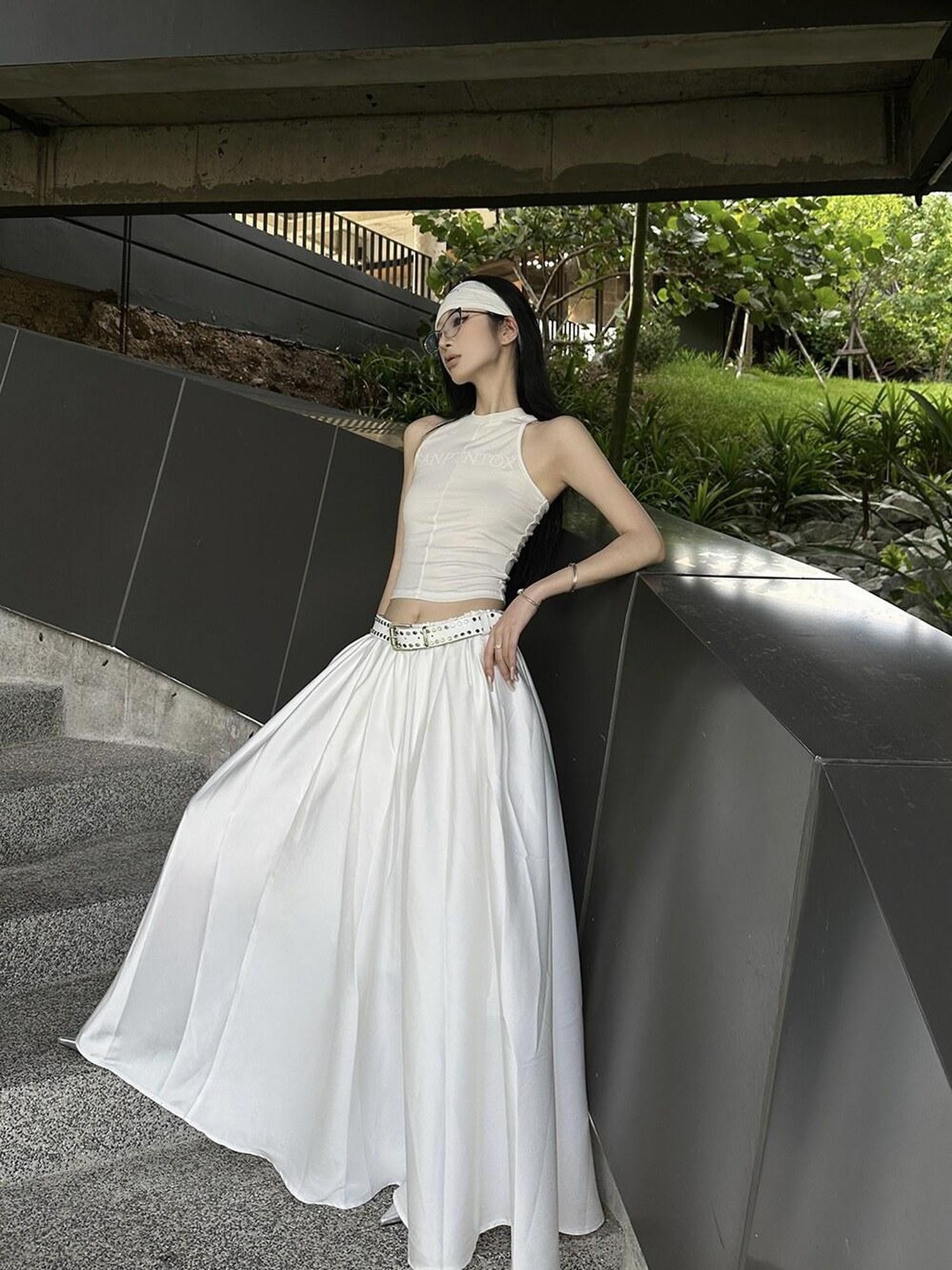 Fanptntox White Vintage Full Flare A Line Low Waist Slimming Women's Other Maxi Skirts