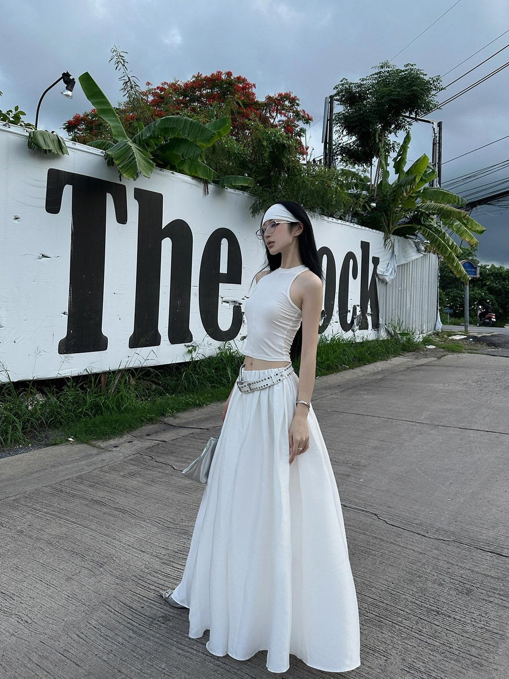 Fanptntox White Vintage Full Flare A Line Low Waist Slimming Women's Other Maxi Skirts