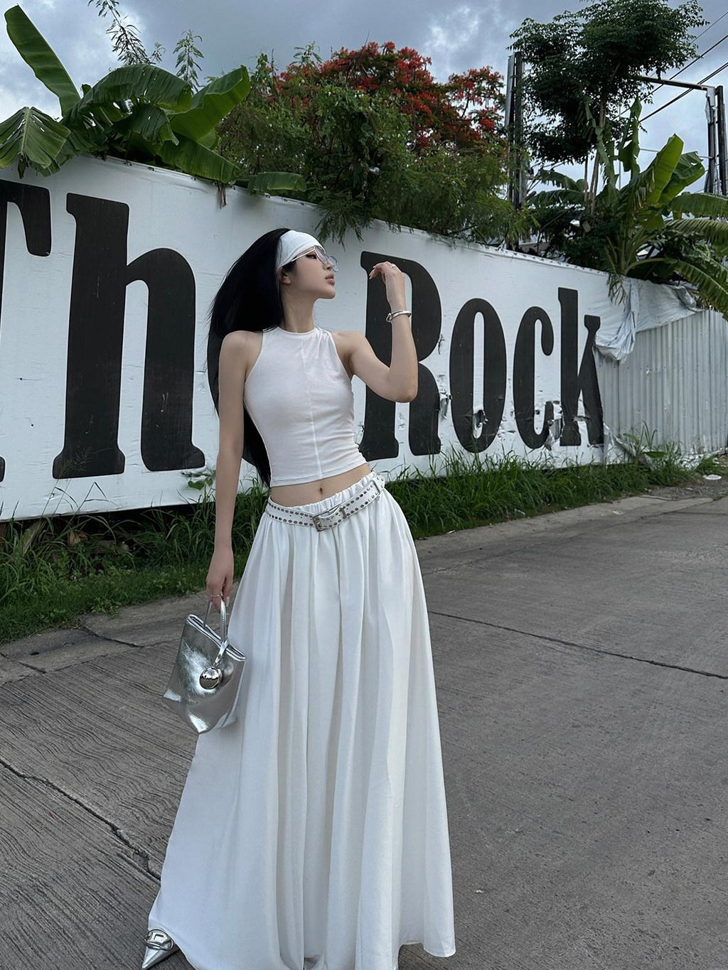 Fanptntox White Vintage Full Flare A Line Low Waist Slimming Women's Other Maxi Skirts