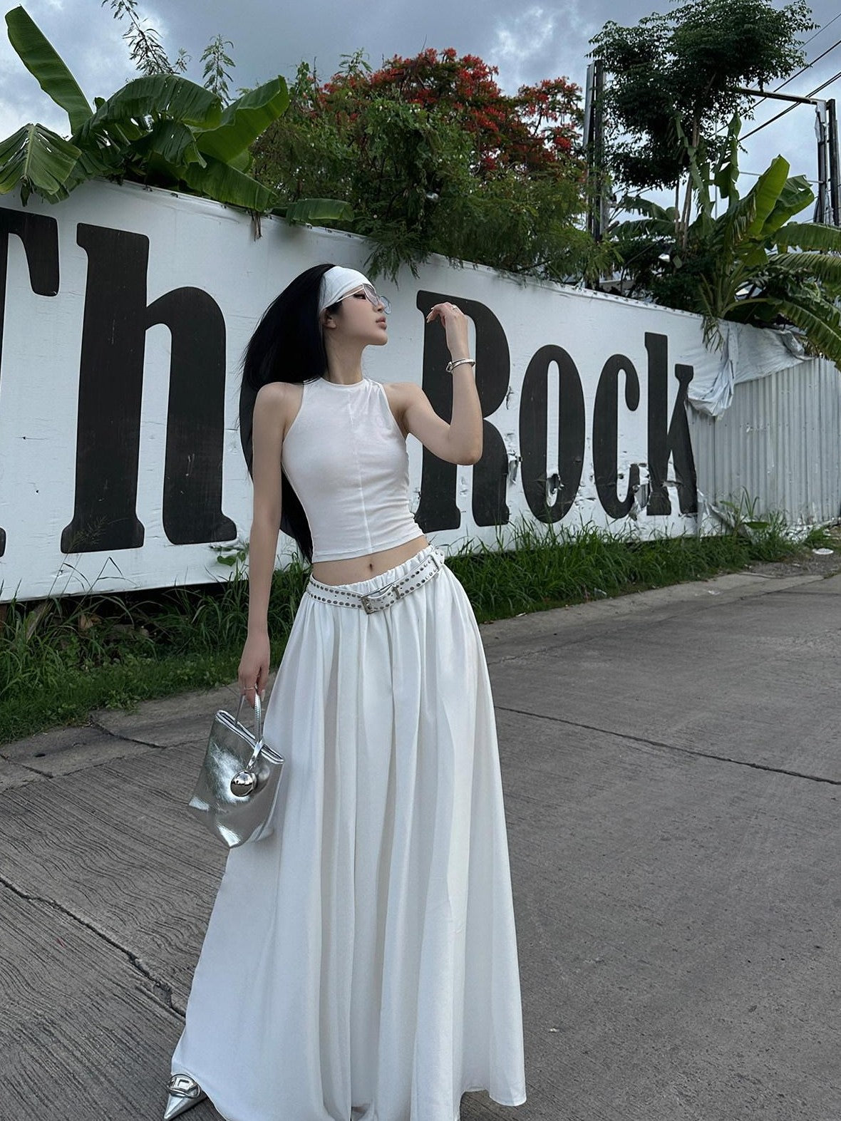 Fanptntox White Vintage Full Flare A Line Low Waist Slimming Women's Other Maxi Skirts