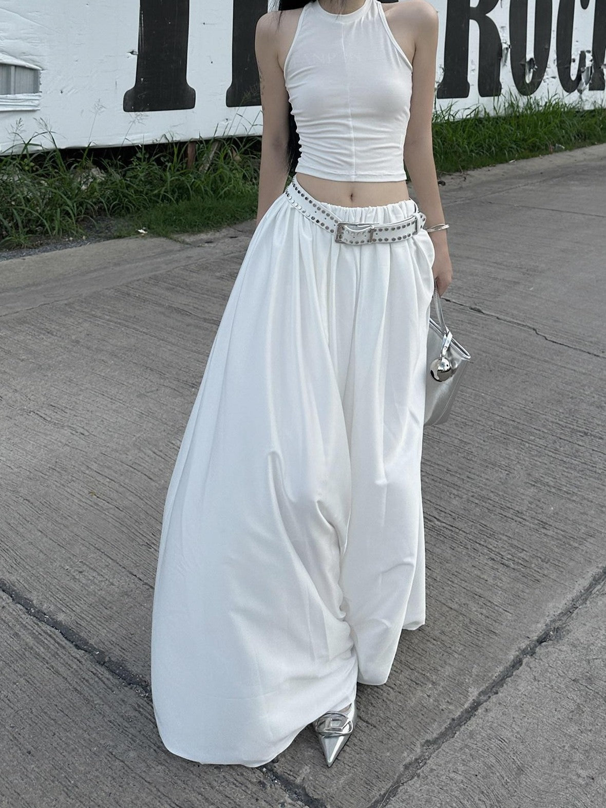 Fanptntox White Vintage Full Flare A Line Low Waist Slimming Women's Other Maxi Skirts