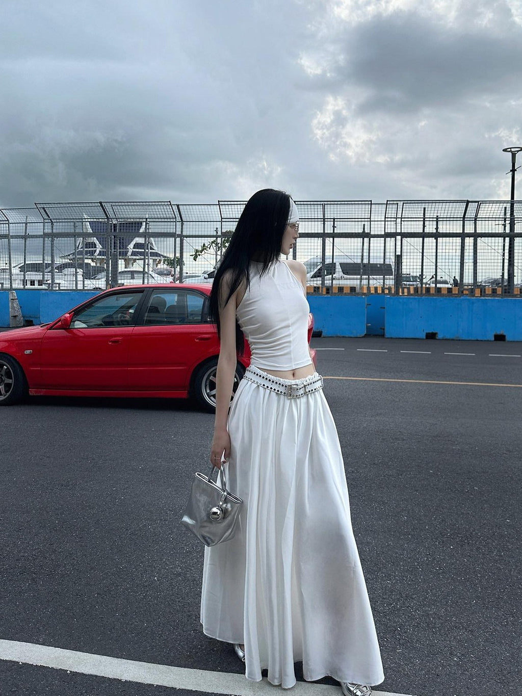Fanptntox White Vintage Full Flare A Line Low Waist Slimming Women's Other Maxi Skirts