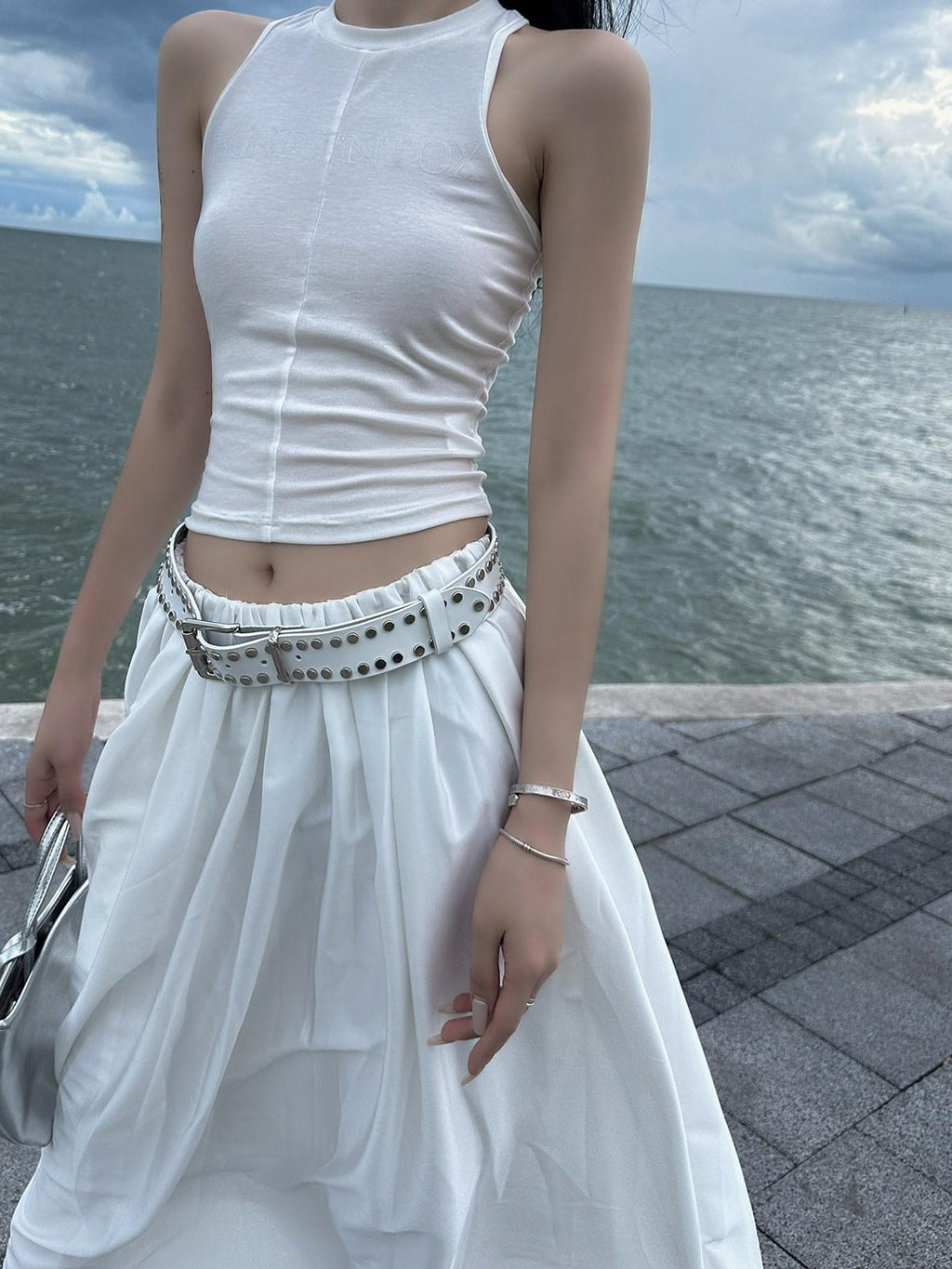 Fanptntox White Vintage Full Flare A Line Low Waist Slimming Women's Other Maxi Skirts