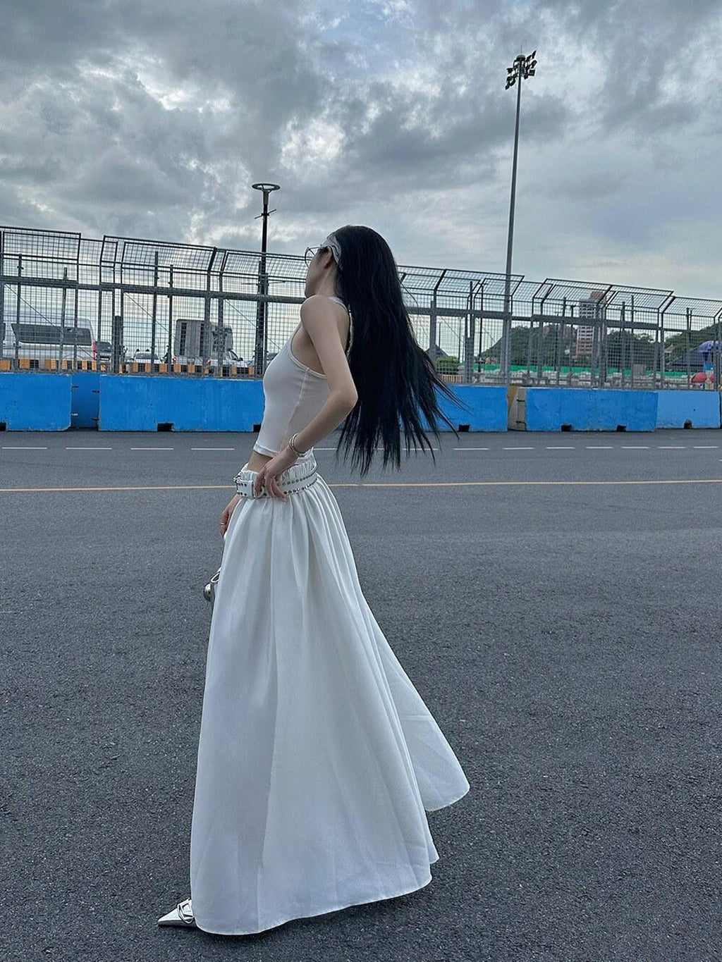 Fanptntox White Vintage Full Flare A Line Low Waist Slimming Women's Other Maxi Skirts