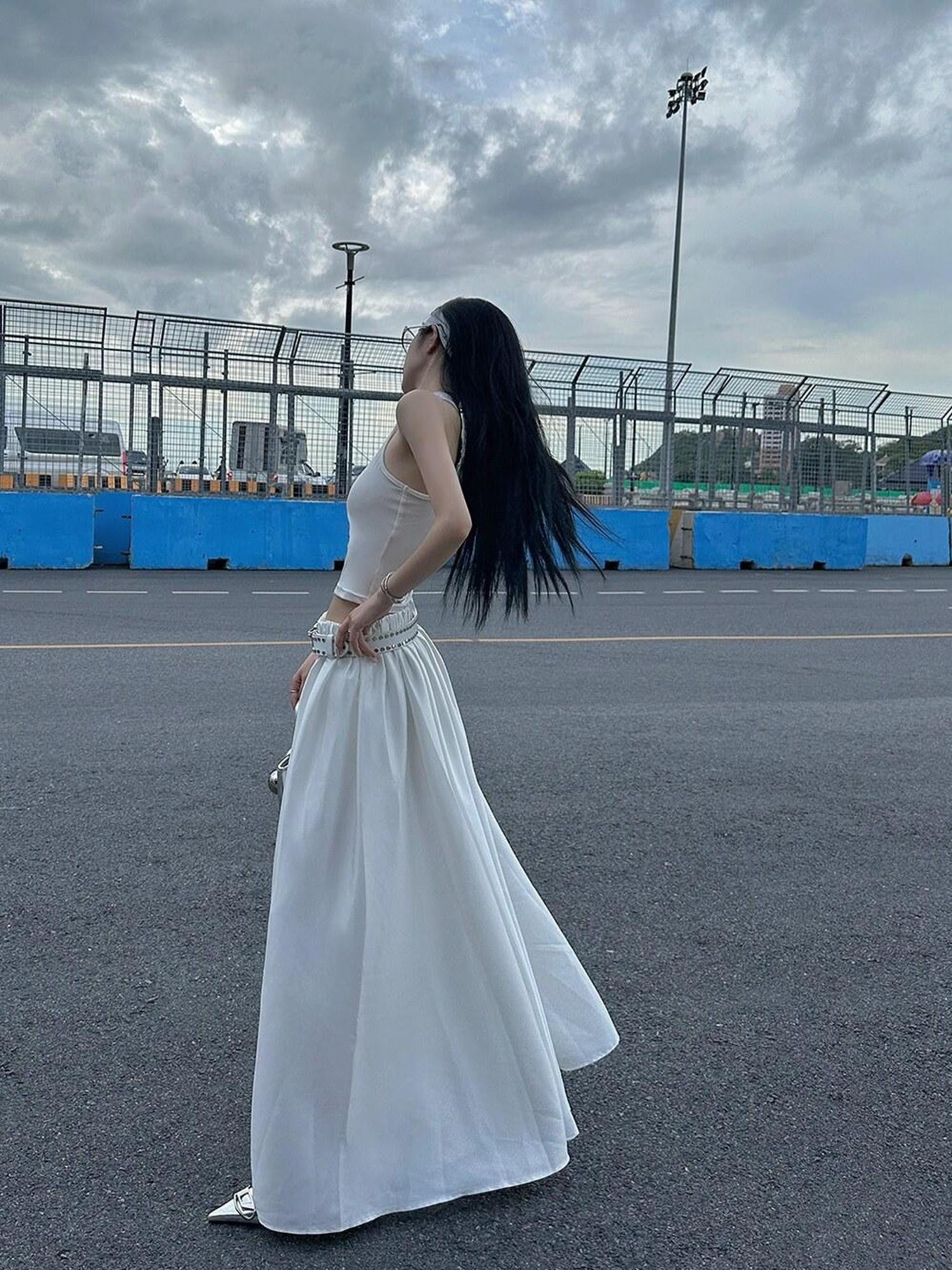 Fanptntox White Vintage Full Flare A Line Low Waist Slimming Women's Other Maxi Skirts