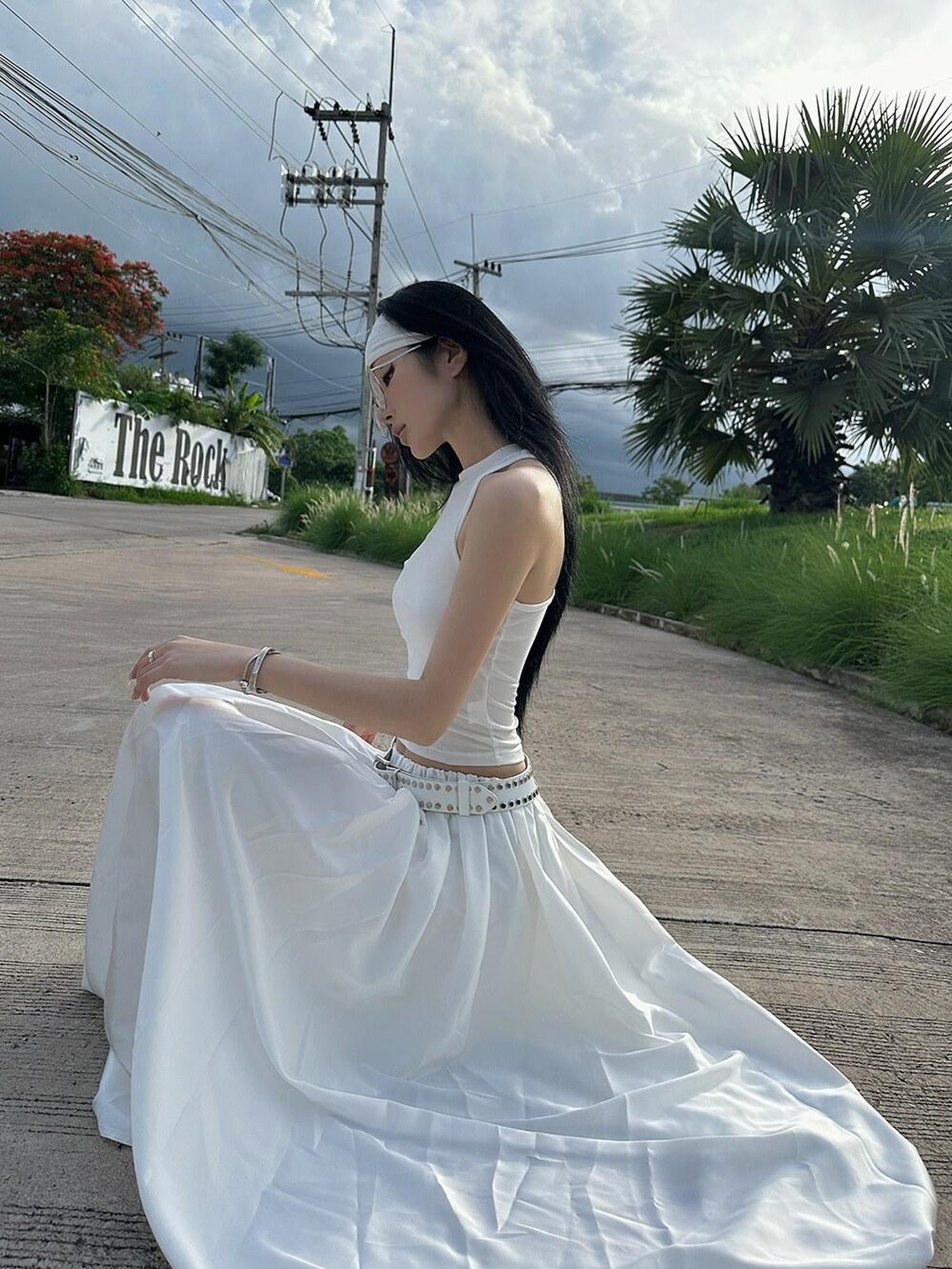 Fanptntox White Vintage Full Flare A Line Low Waist Slimming Women's Other Maxi Skirts