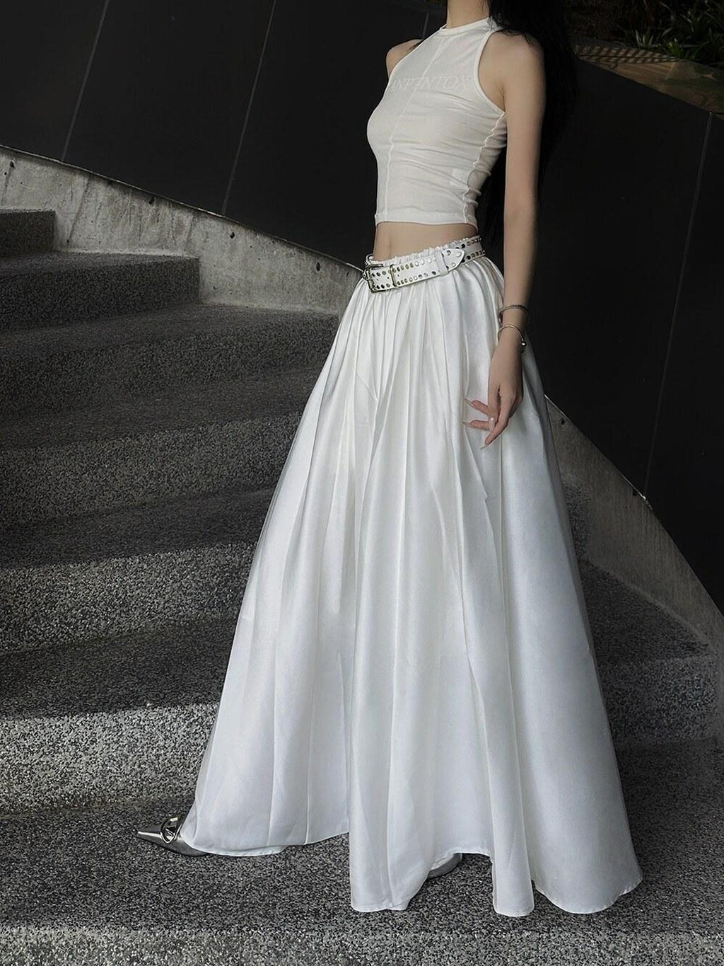 Fanptntox White Vintage Full Flare A Line Low Waist Slimming Women's Other Maxi Skirts