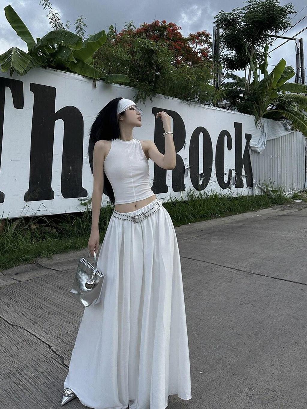 Fanptntox White Vintage Full Flare A Line Low Waist Slimming Women's Other Maxi Skirts