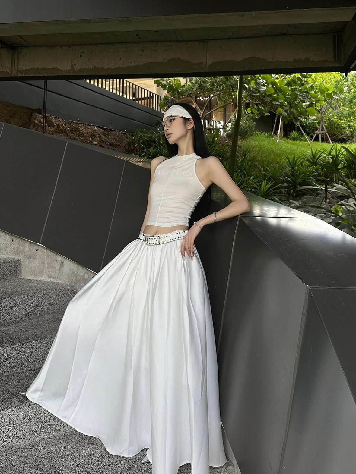 Fanptntox White Vintage Full Flare A Line Low Waist Slimming Women's Other Maxi Skirts