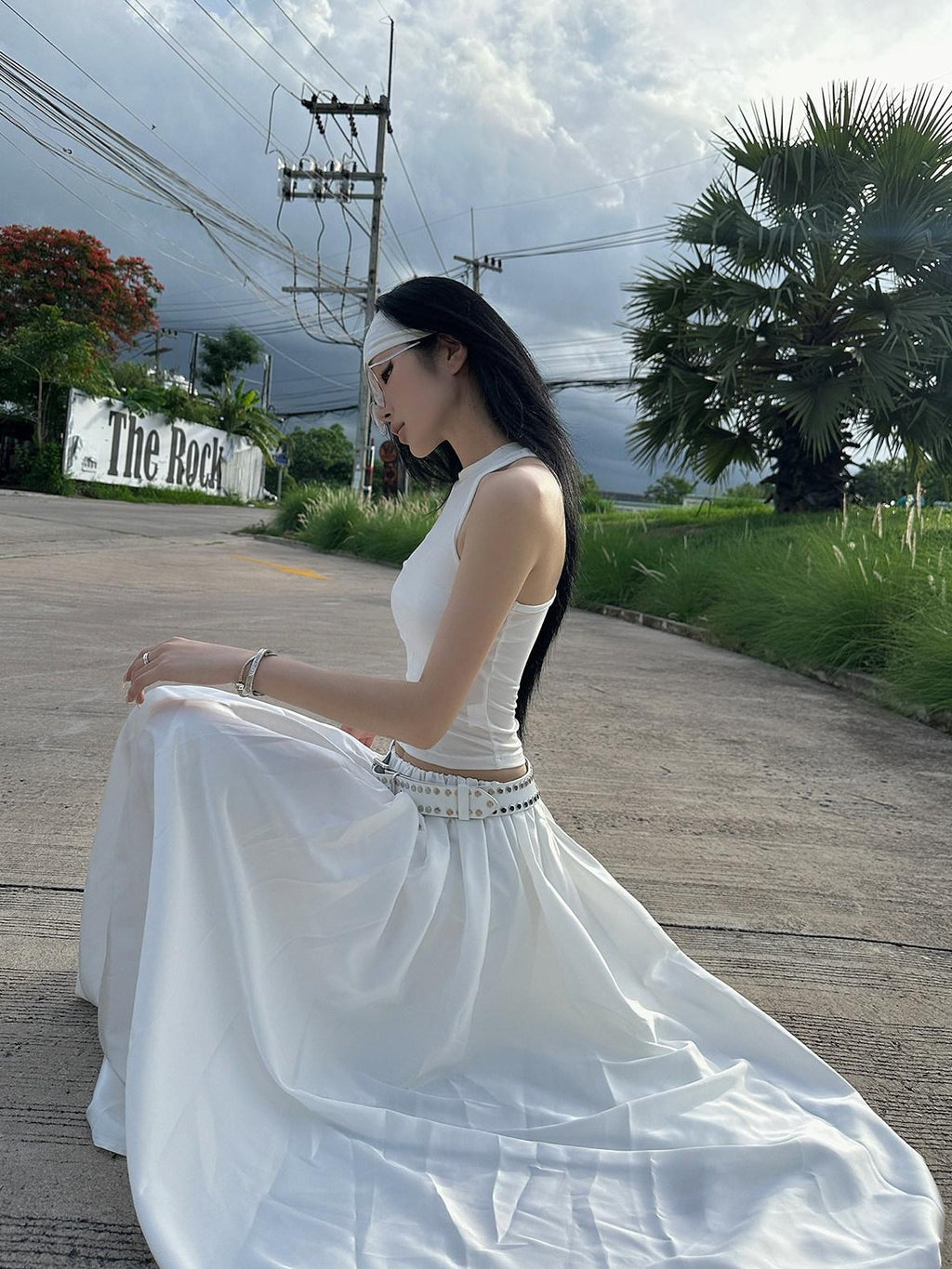 Fanptntox White Vintage Full Flare A Line Low Waist Slimming Women's Other Maxi Skirts