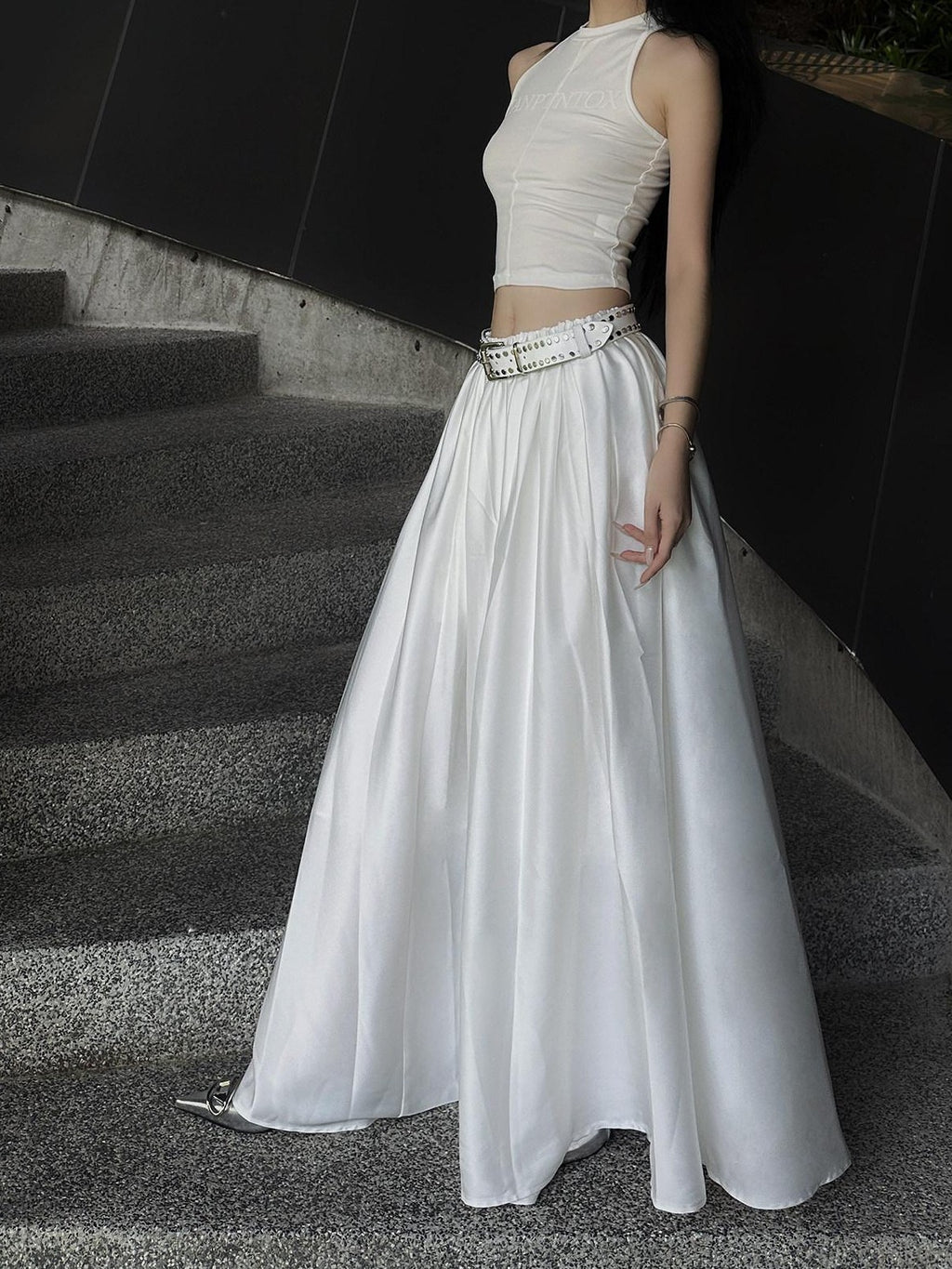 Fanptntox White Vintage Full Flare A Line Low Waist Slimming Women's Other Maxi Skirts
