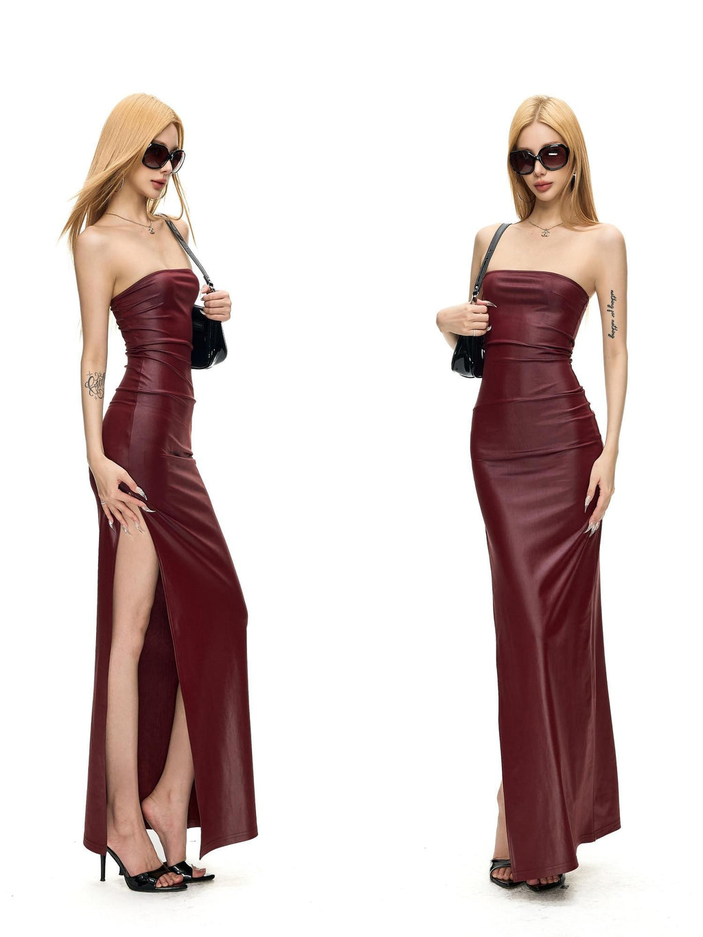 Fanptntox Wine Red Matte Knit Slim Pencil Women's Stretch Strapless Maxi Dresses