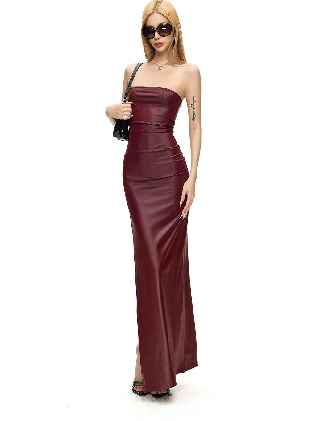 Fanptntox Wine Red Matte Knit Slim Pencil Women's Stretch Strapless Maxi Dresses