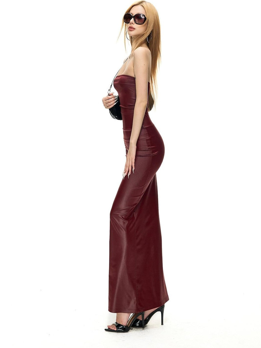 Fanptntox Wine Red Matte Knit Slim Pencil Women's Stretch Strapless Maxi Dresses