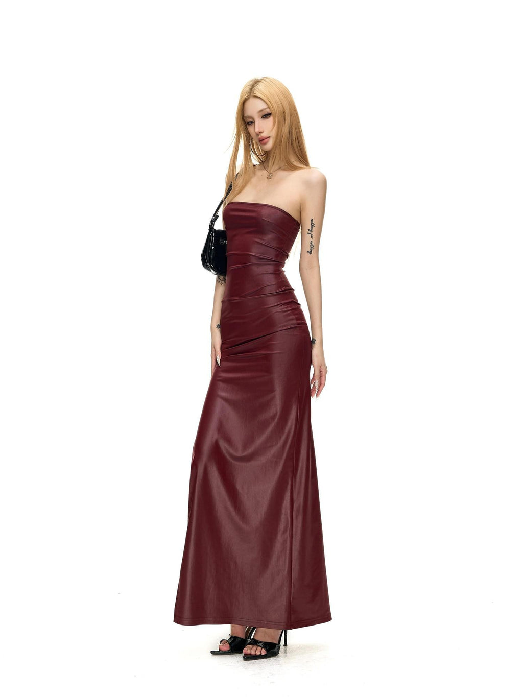 Fanptntox Wine Red Matte Knit Slim Pencil Women's Stretch Strapless Maxi Dresses