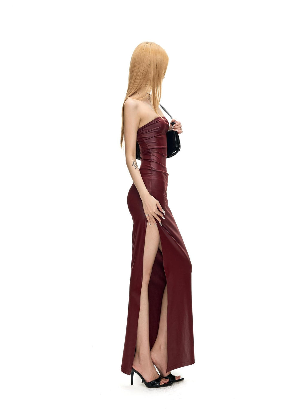 Fanptntox Wine Red Matte Knit Slim Pencil Women's Stretch Strapless Maxi Dresses