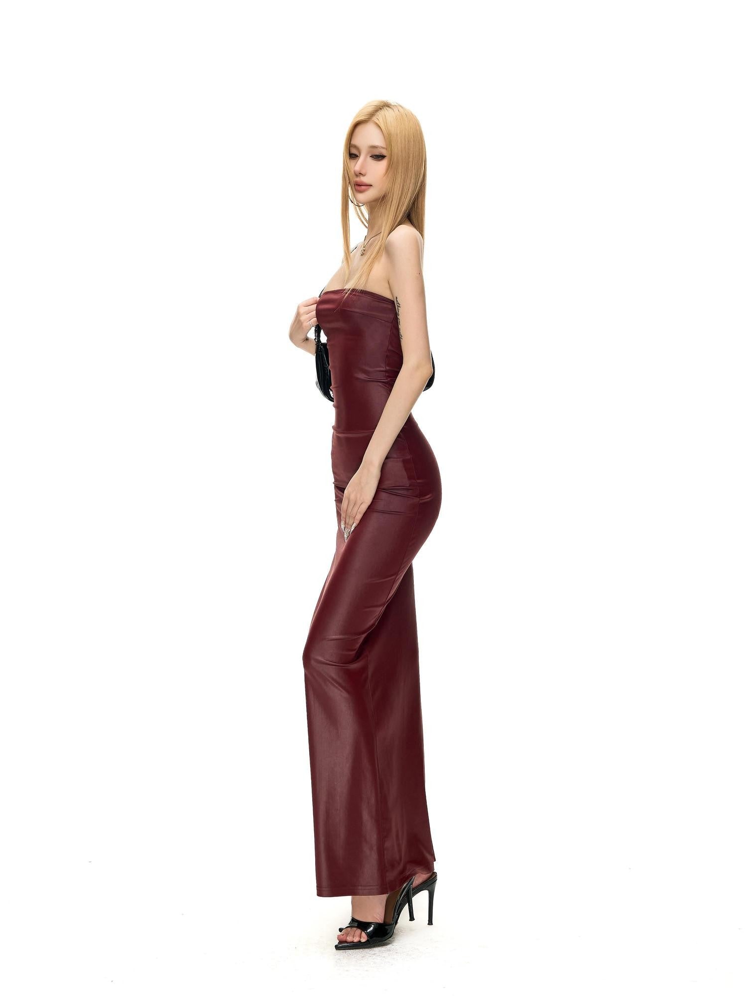 Fanptntox Wine Red Matte Knit Slim Pencil Women's Stretch Strapless Maxi Dresses