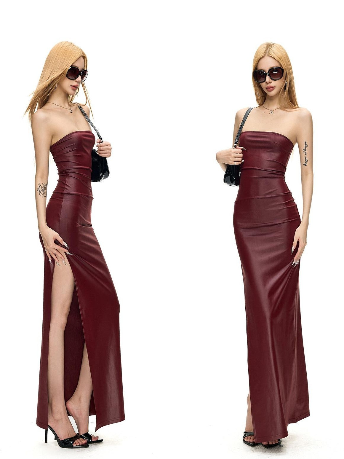 Fanptntox Wine Red Matte Knit Slim Pencil Women's Stretch Strapless Maxi Dresses