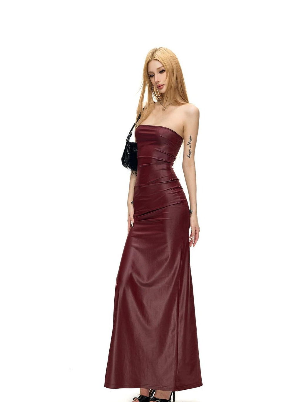 Fanptntox Wine Red Matte Knit Slim Pencil Women's Stretch Strapless Maxi Dresses
