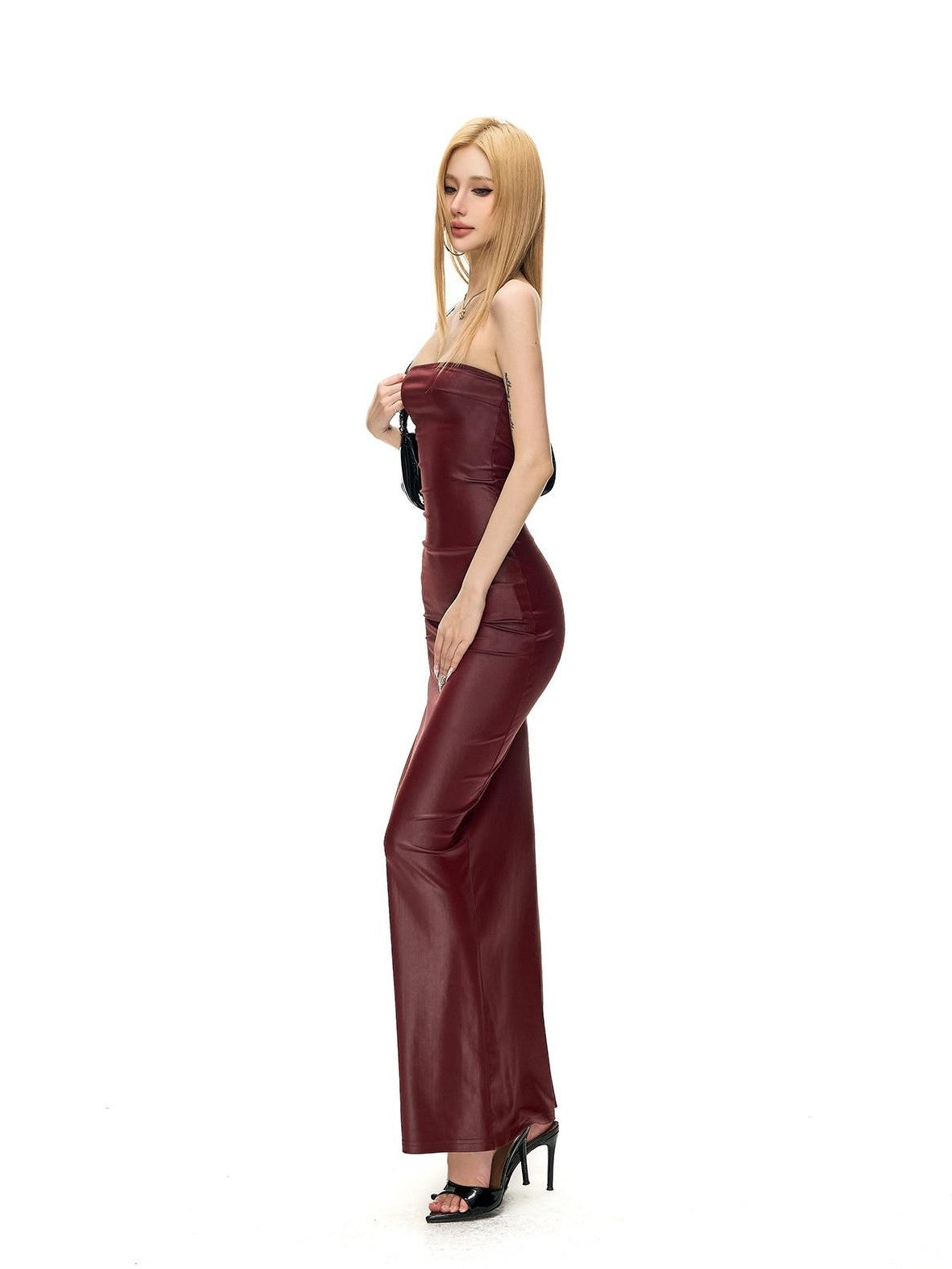 Fanptntox Wine Red Matte Knit Slim Pencil Women's Stretch Strapless Maxi Dresses
