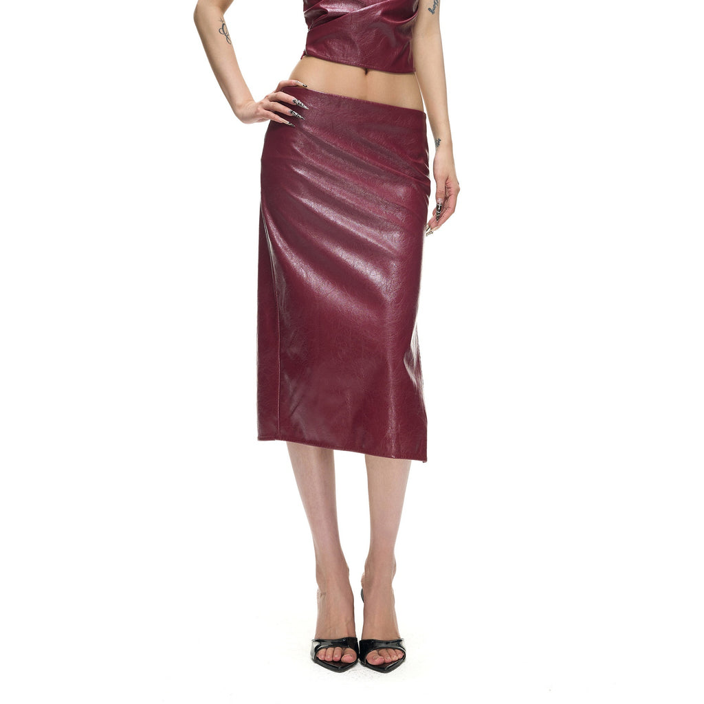 Fanptntox_Wine_Red_One_Shoulder_Bustier_Slit_Low_Waist_Women's_Leather_Matching_Skirt_Sets_1038458039475_MISSTT