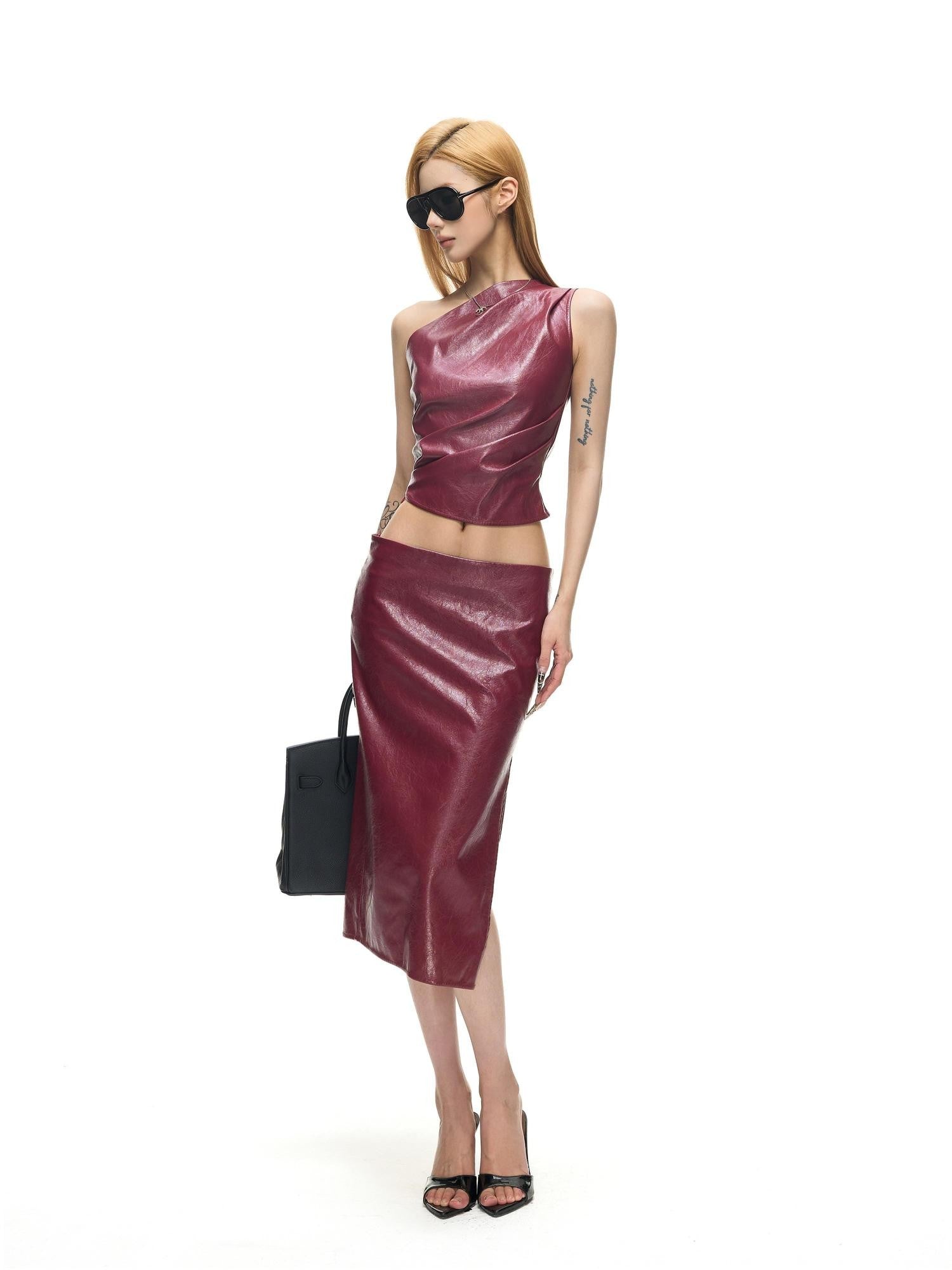 Fanptntox Wine Red One Shoulder Bustier Slit Low Waist Women's Leather Matching Skirt Sets