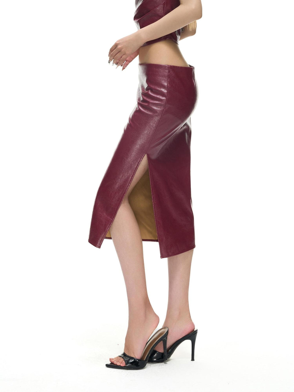 Fanptntox Wine Red One Shoulder Bustier Slit Low Waist Women's Leather Matching Skirt Sets
