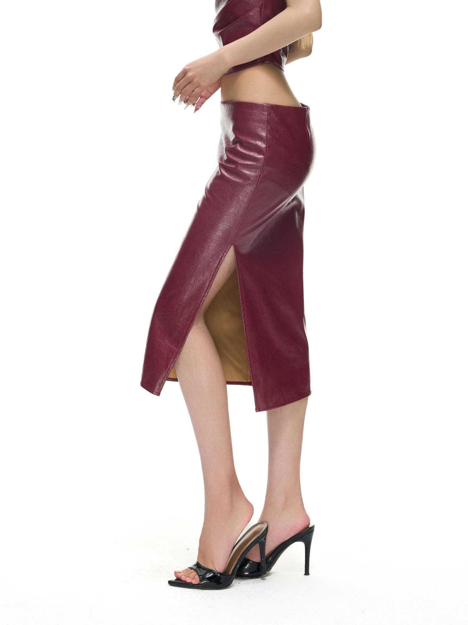 Fanptntox Wine Red One Shoulder Bustier Slit Low Waist Women's Leather Matching Skirt Sets