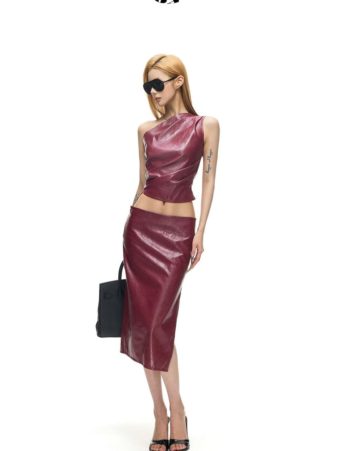 Fanptntox Wine Red One Shoulder Bustier Slit Low Waist Women's Leather Matching Skirt Sets