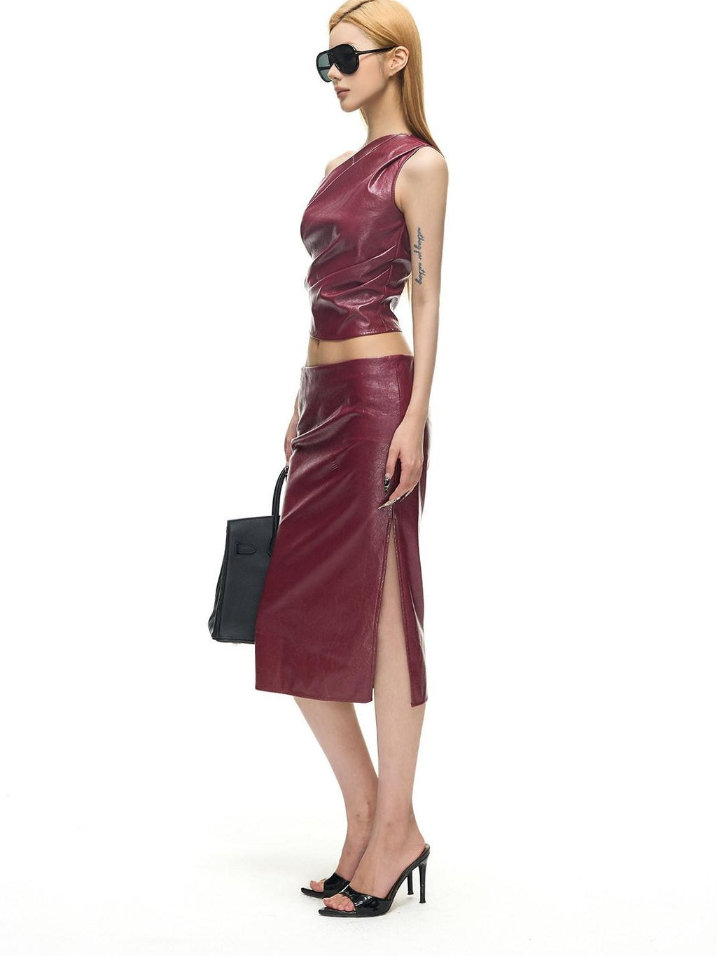 Fanptntox Wine Red One Shoulder Bustier Slit Low Waist Women's Leather Matching Skirt Sets