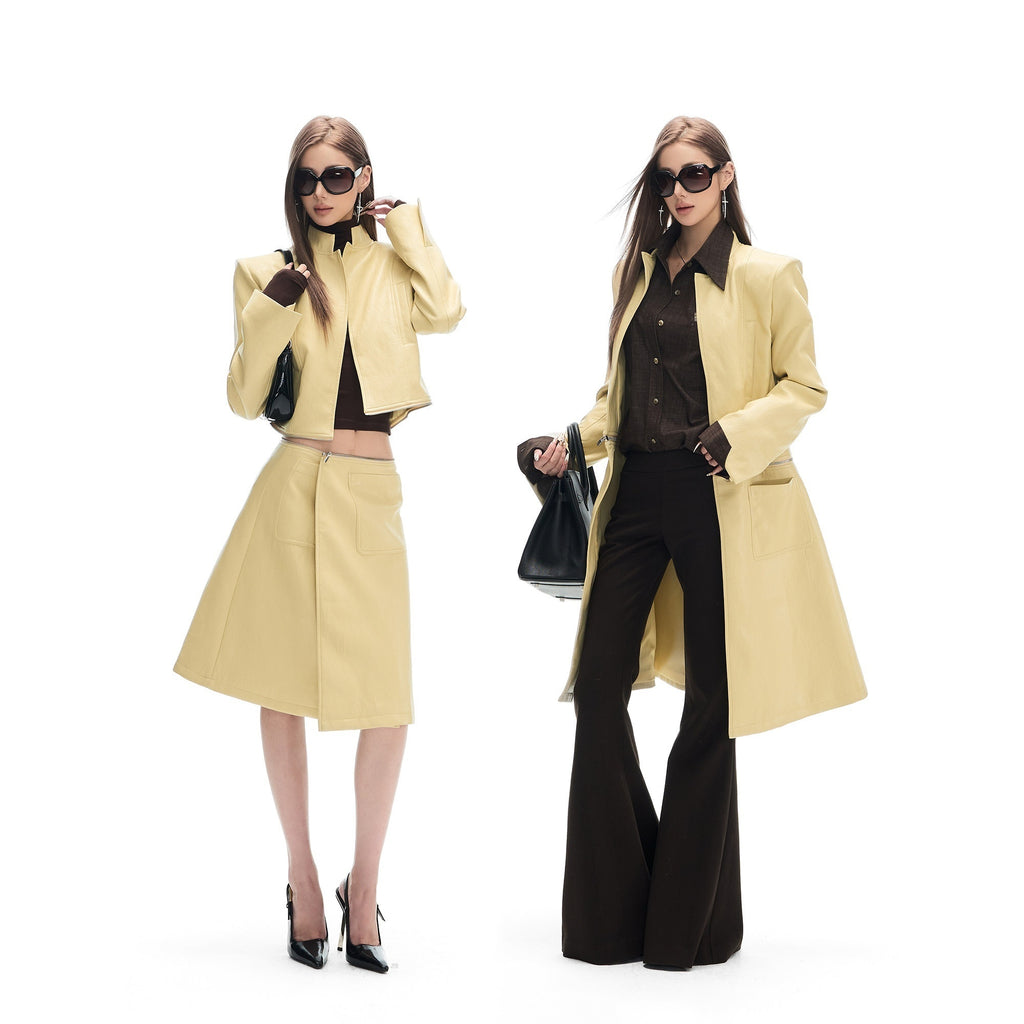 Fanptntox_Yellow_Cinched_Waist_Padded_Shoulders_Stand_Collar_Women's_Pu_Long_Coats_977836128041_MISSTT