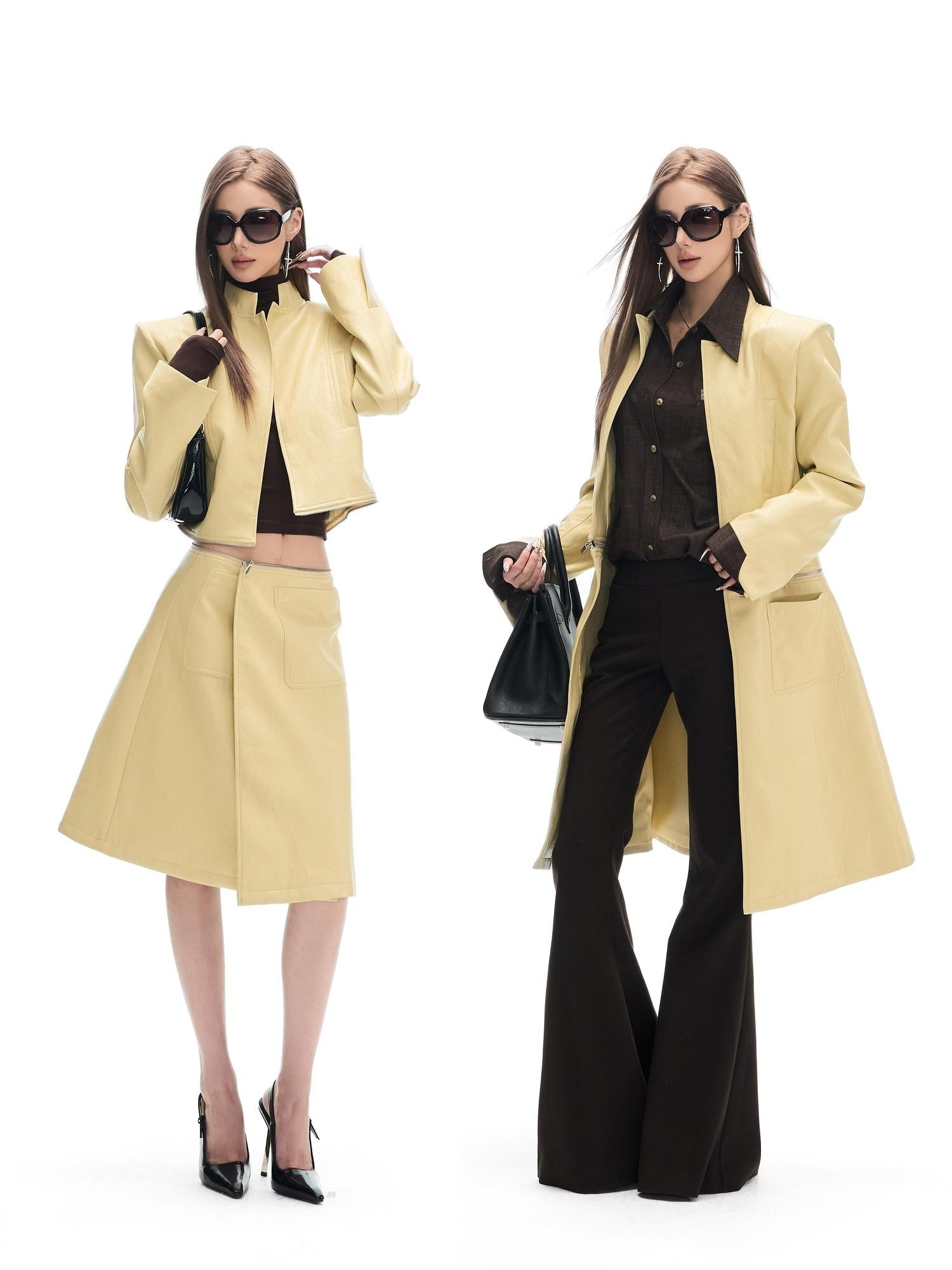 Fanptntox Yellow Cinched Waist Padded Shoulders Stand Collar Women's Pu Long Coats